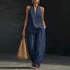 Conjunto de Dos Piezas de Verano Nuevo para Mujer, Top Halter de Color Sólido con Escote en V y Espalda Descubierta y Pantalones de Pierna Ancha, Europeo y Americano, Transfronterizo
