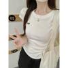 Camiseta de verano de manga corta con lazo bordado en los hombros, color blanco, plisada y cintura alta, para mujer.