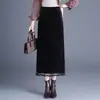 Saia reta com patchwork de veludo e renda, com silhueta em A fluida e justa, uma saia midi estilosa para a temporada outono/inverno de 2026