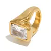 Anillo de Acero Inoxidable con Baño de Oro de 18 Quilates, Cuadrado con Textura Profunda, Joyería de Moda de Venta Caliente Transfronteriza, Joyería para Mujeres