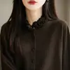 Cardigan Tricotado com Babados Estilo Old Money para Mulheres, Suéter Jaqueta Suave com Gola Meia-Alta, Nova Peça Básica Versátil