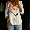 Nova camisa feminina de manga comprida com botões e gola V estampada transfronteiriça, elegante e estilosa para o trabalho, top casual único e moderno