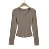 SY9084-24 Outono Novo Estilo Europeu e Americano Sexy Slim Aparência Slim Camiseta Base Slim Cintura Ampulheta Gola V Manga Longa