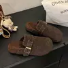 Pantuflas para persona perezosa de punta cerrada medias pantuflas zapatos de mujer sin cordones hebilla correa de cuero retro zuecos suela plana otoño e invierno 2026