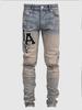 Moda de Calle Tendencia Jeans para Hombre Azules Ajustados Elásticos Estampado de Parche Diseño Jeans al por Mayor de Comercio Exterior para Hombres