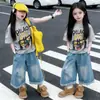 Conjunto de Dos Piezas para Niña: Camiseta de Manga Corta con Dibujos Animados y Pantalones de Mezclilla Cropped de Pierna Ancha - Verano 2026