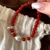 Pulsera de Plata de Ley S925 con Oso Lindo y Cascabel de Ágata Roja Natural Atmósfera Dulce de Año Nuevo Joyería Apilable