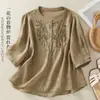Blusa ramie bordada artística com gola redonda, blusa de algodão e linho para mães, mangas de três quartos, camisa de linho solta e leve para mulheres