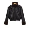 Chaqueta Casual Corta de Cuero Sintético de Moda Elegante Estilo Urbano Nuevo Invierno 2025 Europea y Americana Transfronteriza con Solapa para Mujer