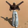 Jeans de pierna ancha color azul claro estilo americano para mujer, nuevo diseño de verano, corte holgado, adelgazantes, estilo casual, pantalones de dobladillo curvo hasta el suelo