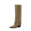 :Botas de Pierna de Piel de Vaca+Microfibra/Gamuza Botas de Montura para Mujer Invierno Punta Cuadrada Tacón Alto Grueso Botas Largas de Ponerse por Encima de la Rodilla Botas de Mujer
