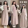 Ropa de maternidad otoño e invierno vestido peto de pana rosa capa interior de encaje conjunto de dos piezas cuello de muñeca conjunto de ropa exterior larga