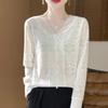 Principios de Primavera Estambre Cuello en V Lana para Mujer Estilo Coreano Moda Combinable Color Sólido Jacquard Ajustado Manga Larga Top Básico Suéter