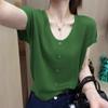 Camiseta feminina de verão, nova camiseta redutora de idade, tamanho grande, solta e justa [40,00 kg-100,00 kg] com gola redonda e manga curta de seda gelada
