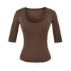 Camiseta de Lyocell Tencel con Cuello en U y Mangas Medias para Mujer 2026 Verano Única Elegante Chic Top Básico Ceñido a la Cintura