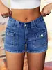 Shorts Jeans Stretch Estilo Europeu e Americano com Design de Bolso com Aba, Shorts Jeans de Cintura Média Justos para Mulheres, Disponível na Amazon e Temu