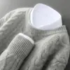25 Outono Inverno Novo Suéter de Lã Pura Masculino Gola Redonda Espessado Pulôver Malha Grossa Diamantes Grandes Trançado Camada Base Malha Top