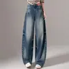Jeans azules de pierna ancha para mujer, nuevo estilo de otoño, diseñados para favorecer una figura tipo pera, con un bajo curvo, una caída fluida y detalles bordados, con un corte recto
