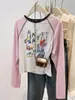 Camiseta de Manga Larga Raglán Pequeña para Mujer, Estilo Coreano de Primavera y Otoño, Dibujos Animados, Moderna, Casual, Estampada, Reductora de Edad, Protectora del Sol