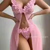 Pura Sedução Roupão Sexy, Lingerie Rosa com Renda e Fenda Alta, Conjunto de Duas Peças em Renda para Quarto Privado, Disponível Agora