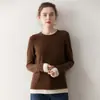 Suéter de Cashmere Color-Blocked para Mulheres Outono e Inverno 2026 Gola Redonda Elegante Versátil Tricô Pulôver Modelagem Solta Suéter