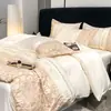 Juego de Ropa de Cama de Cuatro Piezas de Seda Helada de Lujo Ligero para Verano, Funda de Dormir Suave y Sedosa de Alta Gama, Funda de Edredón, Sábana Plana, Sábana Ajustable Juego de Tres Piezas