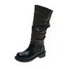 Hebilla de Cinturón Patchwork Apilada 2026 Nuevo Retro Ancho Otoño Tubo Adelgazantes Botas Largas Botas de Mujer Plisadas Botas de Montar