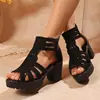 Sandalias de Mujer con Tacón Grueso, Nuevo Estilo 2026, Estilo Romano, con Pedrería, Punta Abierta (Peep-Toe), Tacón Medio, Suela Suave, Punta Abierta, para Mujeres de Mediana Edad