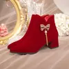2025 Novos Sapatos de Casamento com Laço de Strass e Contas Estilo Coreano Franja Salto Grosso Xadrez Botas de Noiva Botas da Moda Vinho
