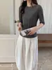 Suéter de punto fino estilo francés 100% lana, cuello redondo sin costuras, top de punto de manga media para mujer, jacquard otoñal de corte ajustado, camiseta básica lavable a máquina