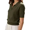 Camisa de Tricô Fina de Verão para Mulheres, Gola Polo Manga Curta, Verde Militar, Ajuste na Cintura, Emagrecedor, Top Versátil para o Dia a Dia