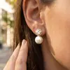 Pendientes de Estilo Princesa Francesa Ins con Incrustaciones de Circonita, Pendientes de Perla de Concha Grandes de Moda y Únicos, Pendientes de Acero Inoxidable Chapados en Oro de 18 Quilates