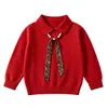 Suéter de punto para niña con cuello y estampado ondulado, cómodo y amigable con la piel, suéter infantil con cintas de perlas, tejido casual para niñas