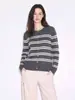 Cárdigan de punto a rayas de cachemir estilo Lady GV, otoño, cuello redondo, de un solo botón, suéter suave que reduce la edad