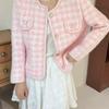 Estilo Chanel Tweed Francés 2025 Principios de Primavera Nuevo Suave y Dulce Rosa Conjunto de Dos Piezas Cardigan Francés Falda Línea A