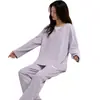 Conjunto de pijama de duas peças, cor sólida, manga longa e calça comprida, 100% algodão, gola redonda, pullover, conjunto de duas peças para casa feminino, cross-border para live-streaming