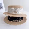 Sombrero de Moda de Rafia con Encaje, de Copa Plana para Mujer, Verano, Estilo Francés, Elegante, Transpirable, Sombrilla, Protección Solar, Sombrero de Paja