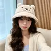 Sombrero de Cubo de Felpa de Conejo con Orejas de Oso Estilo Coreano para Otoño e Invierno para Mujer, Moderno y Versátil, Adelgazante, Estilo Universitario, Sombrero Cloche Cálido