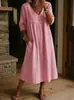 Vestido Casual Holgado de Cuello en V con Adorno de Encaje y Diseño de Manga Media de Color Sólido, Nuevo, Transfronterizo Europeo y Americano, 2026