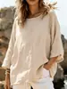 Moda top feminino novo, gola redonda, caimento solto, de algodão e linho, primavera-verão, mangas de três quartos, casual, Amazon, Europeu e Americano, 2026 transfronteiriço