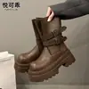 Botas Martin de Couro Genuíno com Solado Grosso Aumentadoras de Altura Femininas 2026 Novo Estilo de Outono Super Quentes Versáteis Retrô Estilo Britânico Fivela Botas Curtas