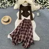 Conjunto de duas peças xadrez retrô para mulheres, top irregular de outono, saia xadrez de cintura alta, conjunto estiloso para o dia a dia