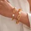 Pulseira de Corrente Oval com Pérolas Artificiais Banhada a Ouro 18K Estilo Europeu e Americano Moda Elegante Retrô Joia de Mão de Alto Padrão para Mulheres