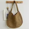 Bolsa de Palha Tecida Elegante de Um Ombro Grande Capacidade Nova Casual Vazada Cor Lisa Tecida para Mulheres Estilo Férias na Praia Bolsa de Praia