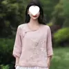 Elegante y estiloso top único de algodón y lino estilo chino para mujer, fino atuendo de té Zen de verano, camisa de botones bordada vintage, moderno