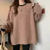 Camiseta de Base Listrada para Mulheres, Adequada para Usar por Dentro ou por Fora, Caimento Solto, Forrada com Fleece, Aconchegante, Tecido Escovado, Manga Longa, Camiseta Térmica, Estilo Ins Moderno