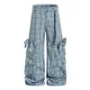 Calça Casual Xadrez Preguiçosa Retro Americana OREETA Marca Tendência Unissex Bolsos Múltiplos Perna Larga Solta Comprimento Total