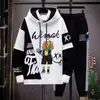 Conjunto de moletom com capuz casual de personagem de desenho animado, marca da moda, estampa de letras masculina, conjunto de duas peças para primavera e outono