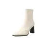 Botines elásticos de piel de oveja+PU para mujer, botines ajustados para otoño, nuevos botines cortos elásticos de punta cuadrada con cremallera lateral y tacón alto grueso para mujer