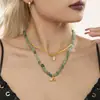 Collar de Doble Capa Superpuesto con Colgantes de Piedra Natural Fresa Verde y Acuamarina Ovalada, Cadena Cuadrada de Serpiente, Colgante de Cola de Pez